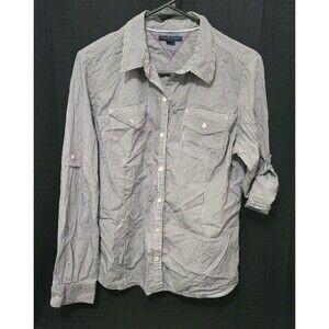 Tommy Hilfiger Women's L Button Up Shirt Striped Roll Tab Long Sleeve Preppy
